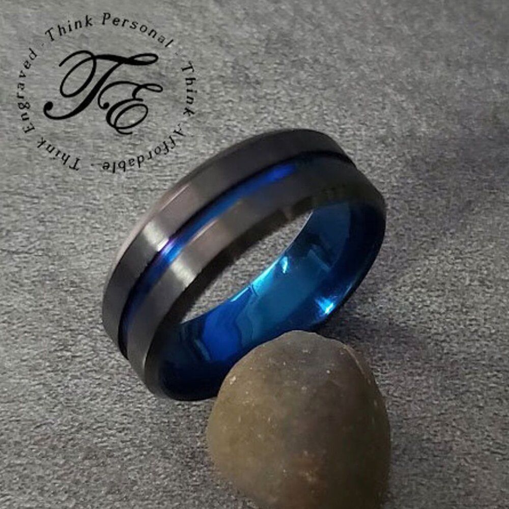 Mens Black Blue Line Wedding Promise Ring or Wedding Ring Band
